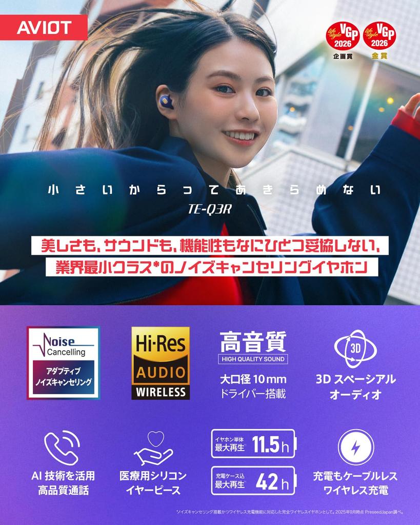 AVIOT TE-Q3RE Wireless Earphones Adaptive Hybrid Noise Cancelling 3D Spatial Hi-Res Audio Bluetooth 5.3 Multipoint Wireless Charging 42H Playback