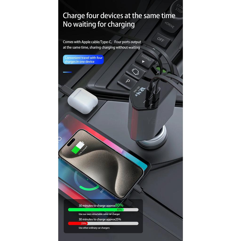 NEW 4 In 1 Retractable Car Charger 120W Super Fast Charge Car Phone Charger 2 Retractable Cables & 2 Ports Car Charger