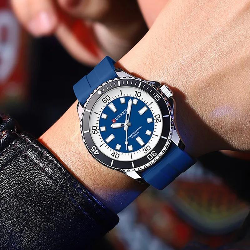 CURREN Men's Fashion Quartz Watch Outdoor Large Dial Luminous Waterproof Silicone Strap Sport Wristwatch