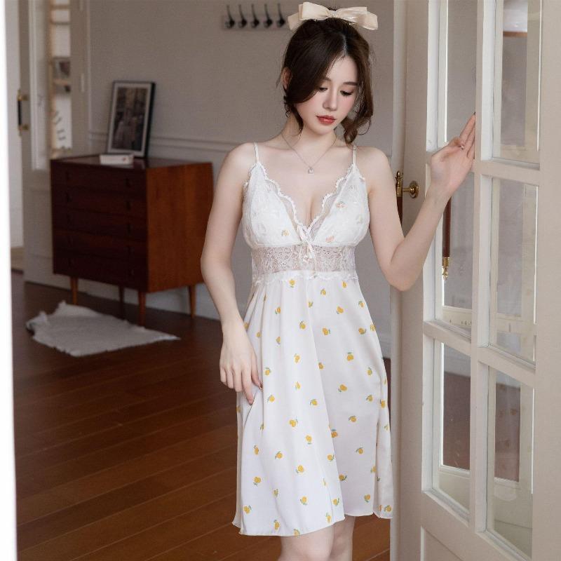 New sexy nightdress women with chest pad suspenders ice silk pajamas printed pure desire pajamas summer