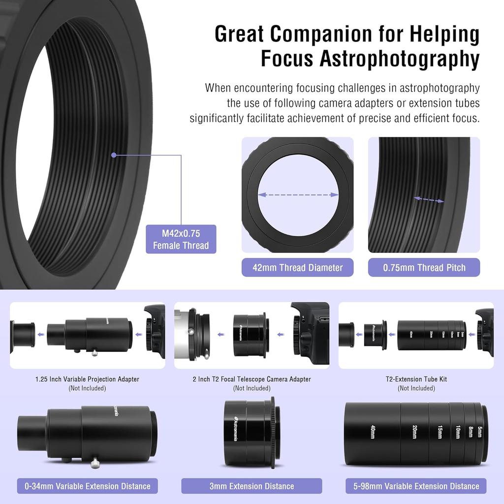 Astromania T2 T Ring Adapter with 42mm Diameter Thread Compatible with Canon EOS DSLR/SLR Camera, Metal T-Mount Telescope Camera Adapter for