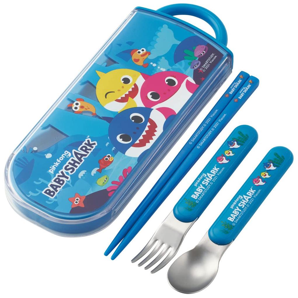 Skater Bento Trio and Antibacterial Made in Baby Shark TACC2AG Kids' Set, Chopsticks, Spoon, Fork, Cutlery, Easy-Opening Slide-Open Design, Japan,