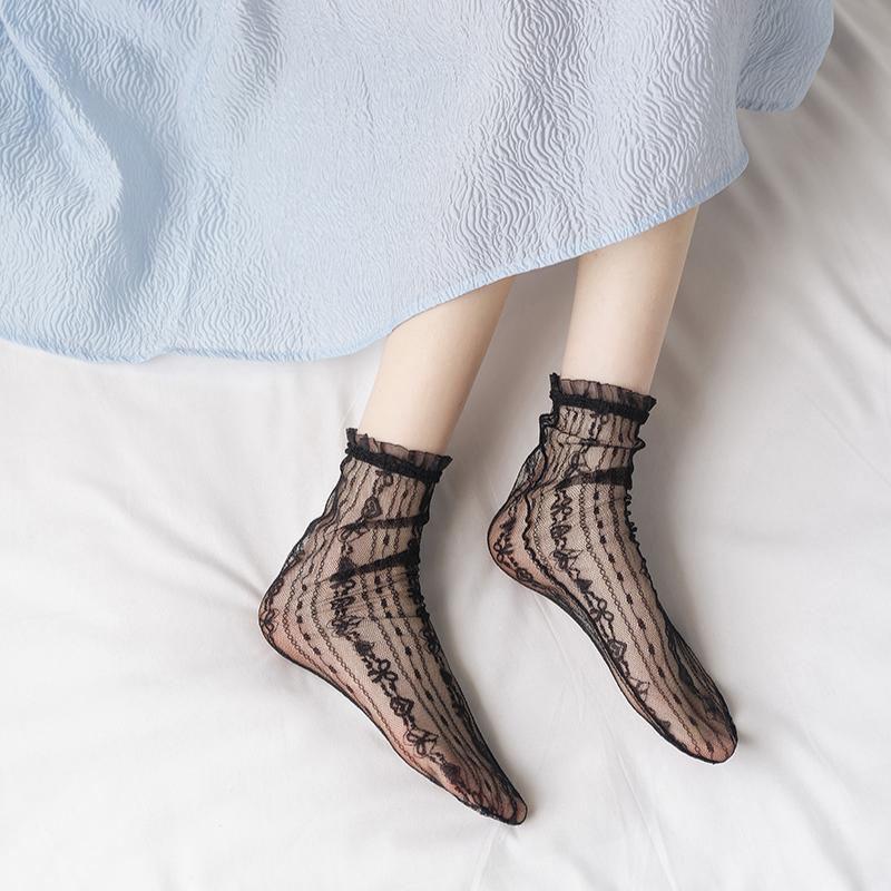 Japanischer Stil Sexy Spitze Rüschen Socken Ultradünne Transparente Sommer Lochmuster Netz Kniestrümpfe Damen Mode Harajuku Retro Lange Socken