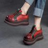 Chaussures rétro à plateforme plate en cuir véritable à lacets couleurs mélangées semelle épaisse chaussures pour femmes surélevées