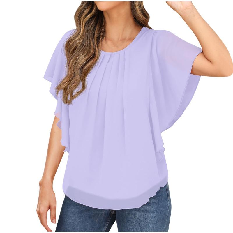 Summer Loose Short Sleeve Casual Chiffon Blouse Women Fashion Tops Solid Color Pleated Simple Elegant Office O Neck Shirts Ladies Clothes