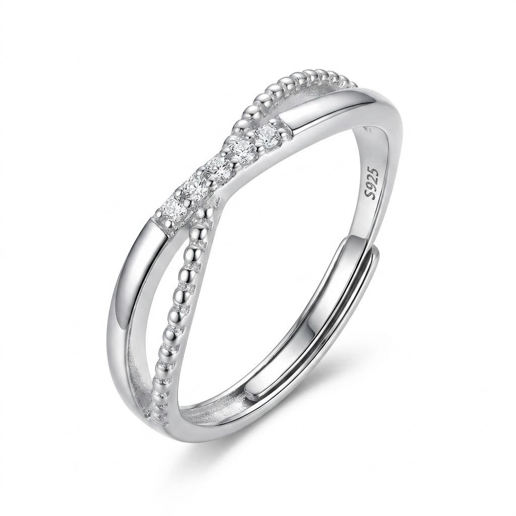 S925 Sterling Silver Open Adjustable Women's Ring with Rhinestones and Intertwined Rice Beads, Elegant Thin Style for Mature Commute.
