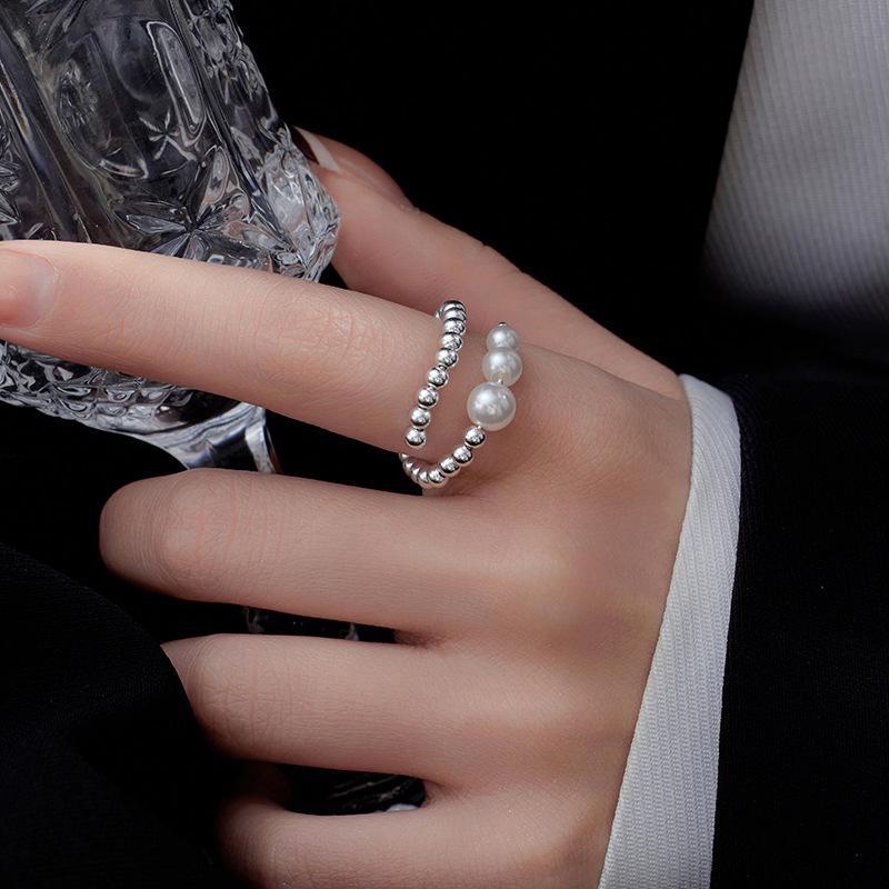 Banyan Tree Adjustable Women's Silver Pearl Ring - S925 Silver Round Bead Design