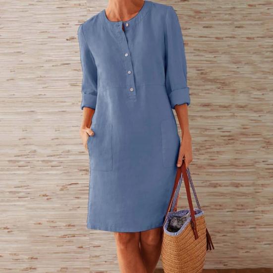 Casual Women Loose Solid Color Buttons Cotton Linen Long Sleeve Midi Dress