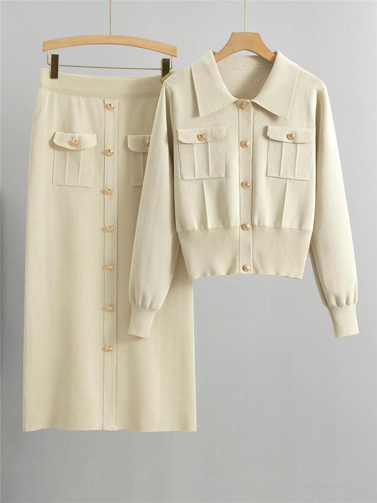 Korean Style Slim Knit Polo Sweater and Skirt Set for Women