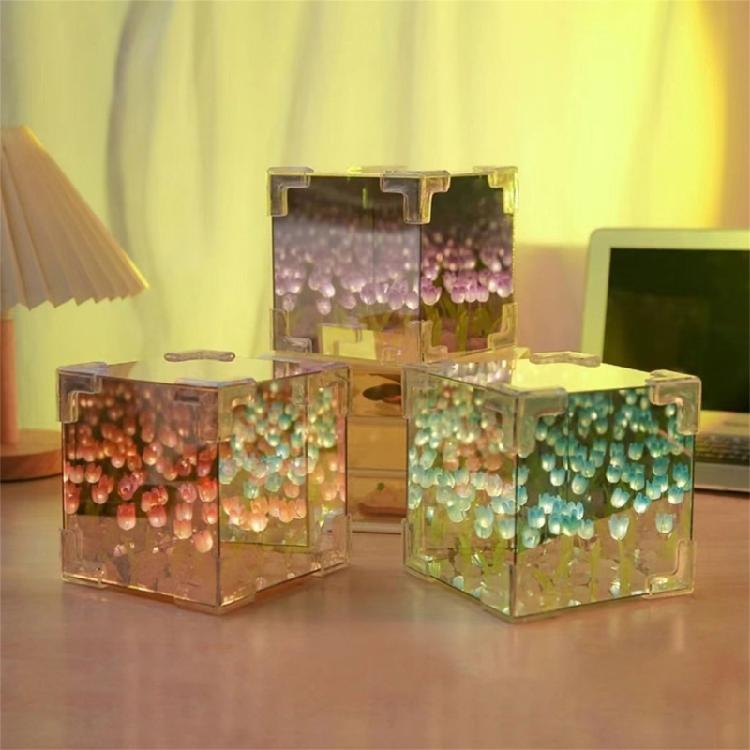 21Pieces DIY 3D Tulips Night Light Set for Special Event Party Decors Handmade Flowers Cube Night Lamp and Mirror Kits