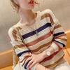 Damenpullover Locker Koreanische Mode Gestrickt Herbst Frühling Pullover Gestreift Ausgestanzt Streetwear Rundhals Damenbekleidung