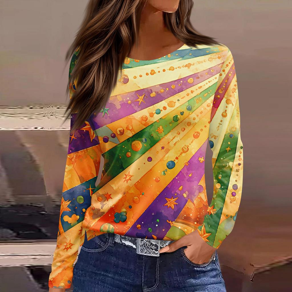 Women's Fashion Casual Slit Hem Round Neck Long Sleeve Loose Printed T-Shirt Top