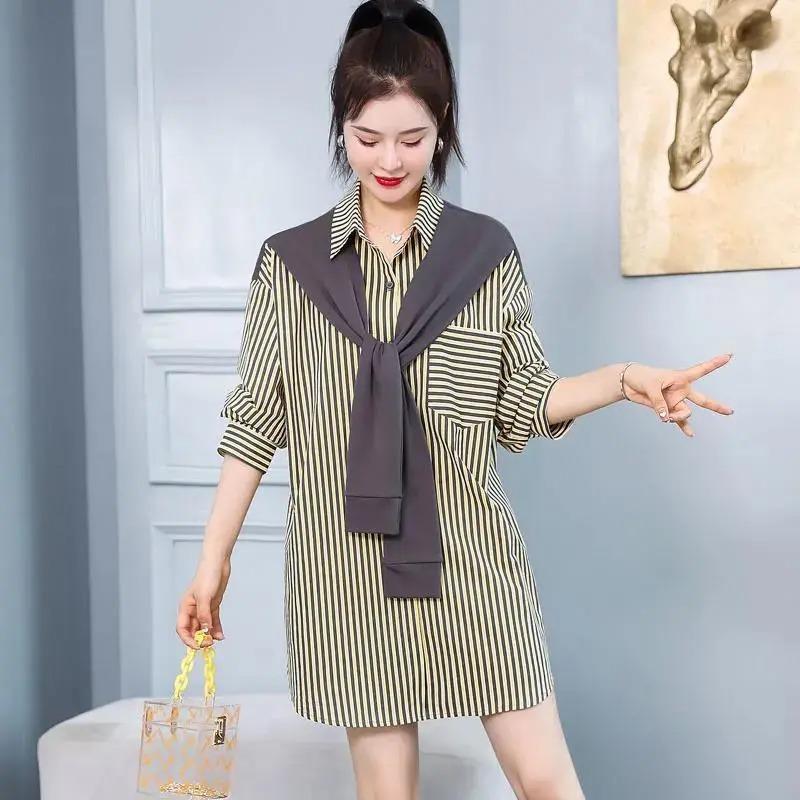 Autumn New Striped Shirt Design Niche Shawl Fake Two-piece Shirt Autumn Long-sleeved