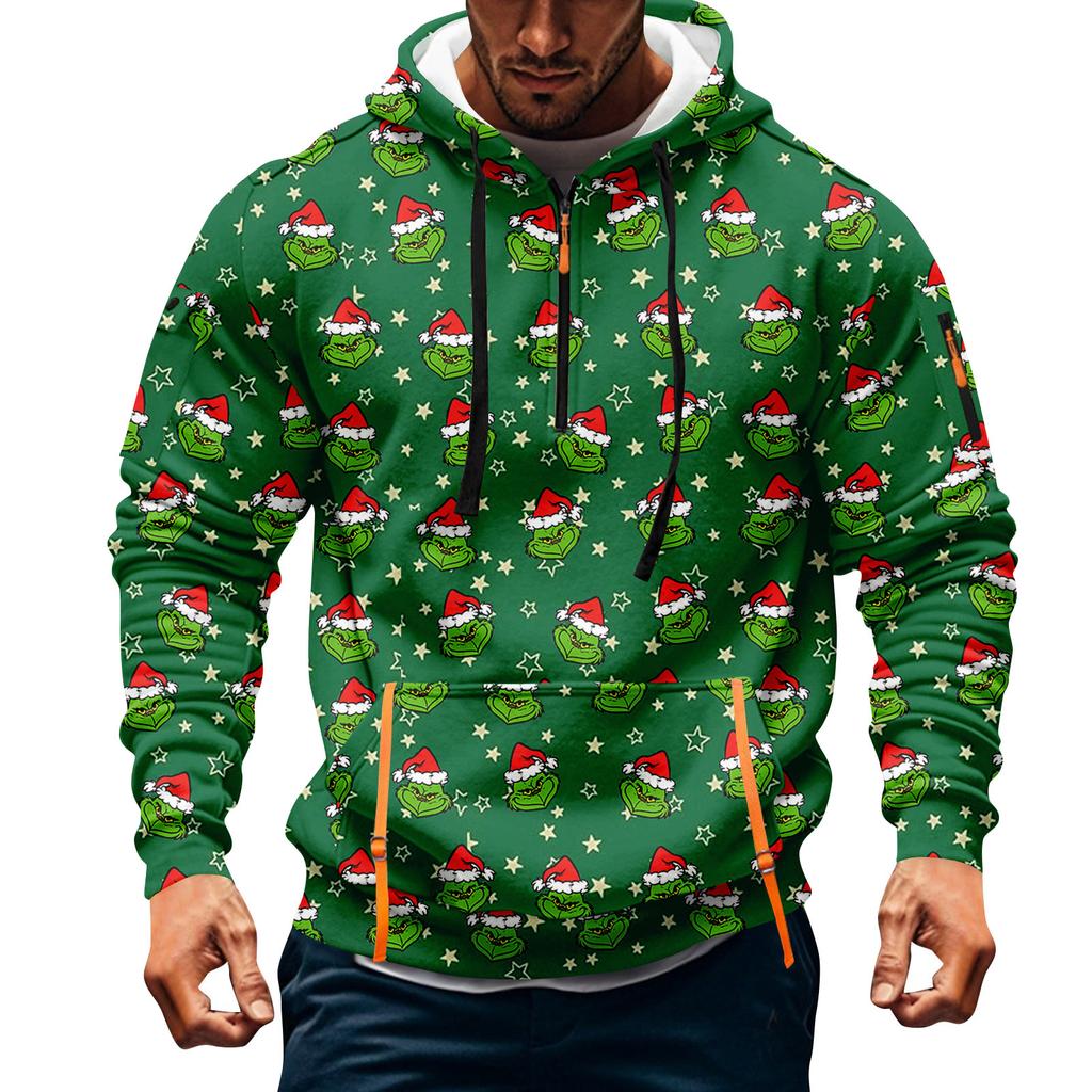 Men's Christmas Print Hooded Half-Zip Casual Sports Sweatshirt