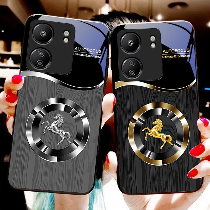 Holzmaserung Pferd Blau Für Xiaomi Redmi 13C Note13 12 Pro Plus 5G Note 9 13T Pro POCO X6 F5 F6 Schwarz Hartglas Handyhülle