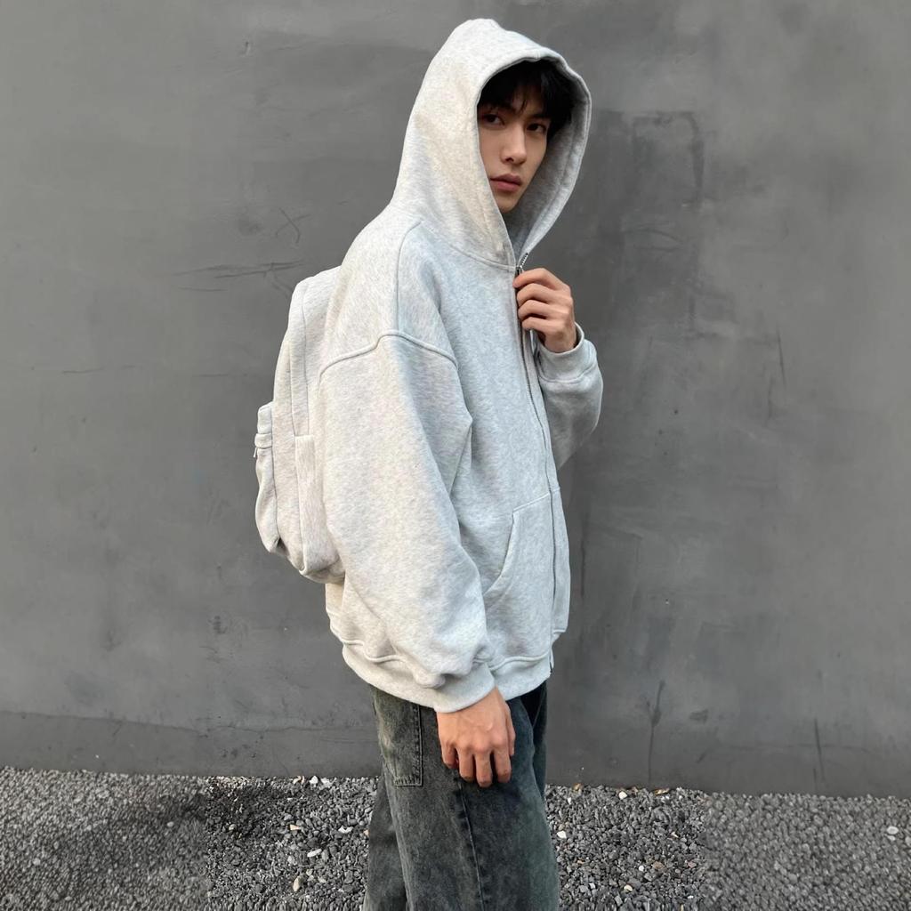 Men's Back-to-School Solid Color Hoodie Cardigan, Spring/Autumn 2026, American Style, Long Sleeve for Primary Students