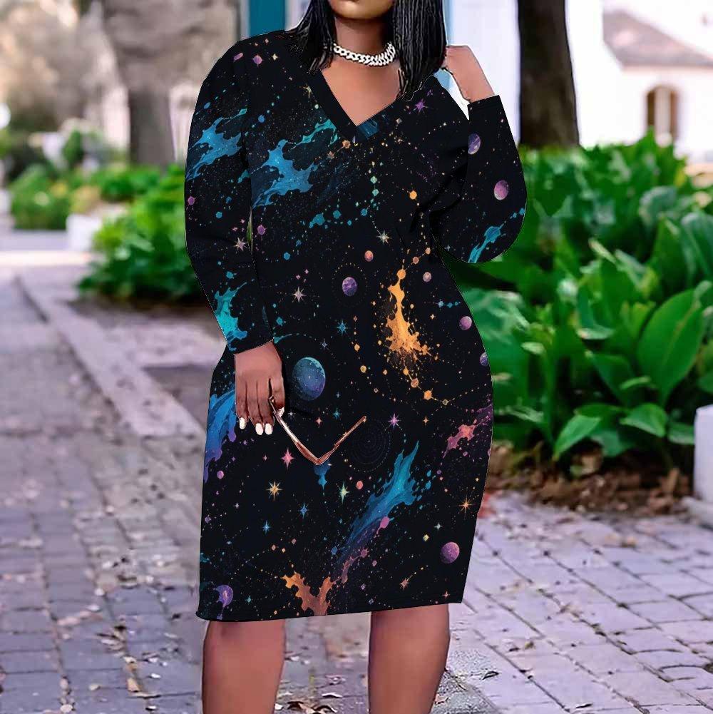 Women Plus Size V Neck Long Sleeve Green Leaf Printed Fitted Dress