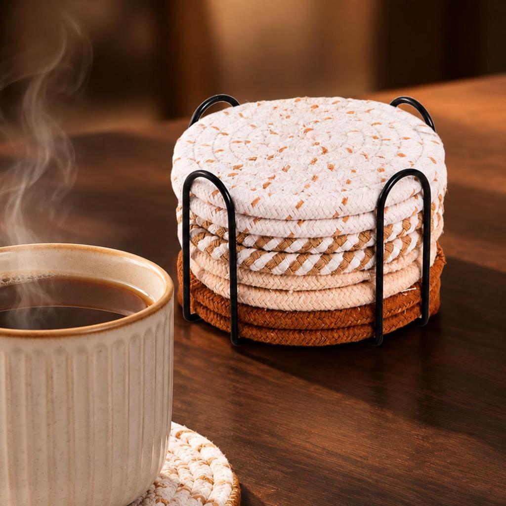 8 Pieces Braided Coaster Washable Set with Metal Storage Rack Reusable Thread Warming Mat