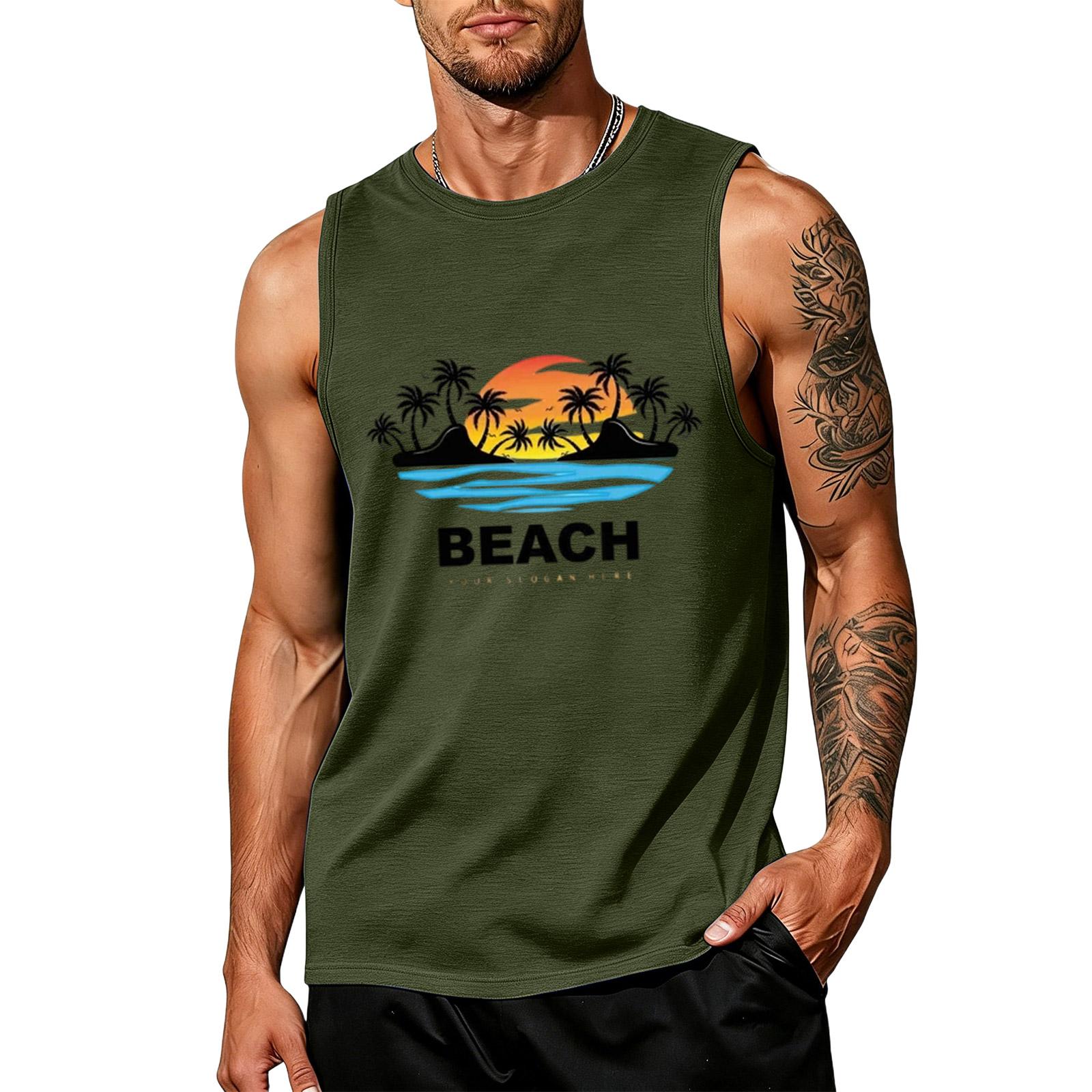 Men s loose and casual Hawaiian print sleeveless shirt L