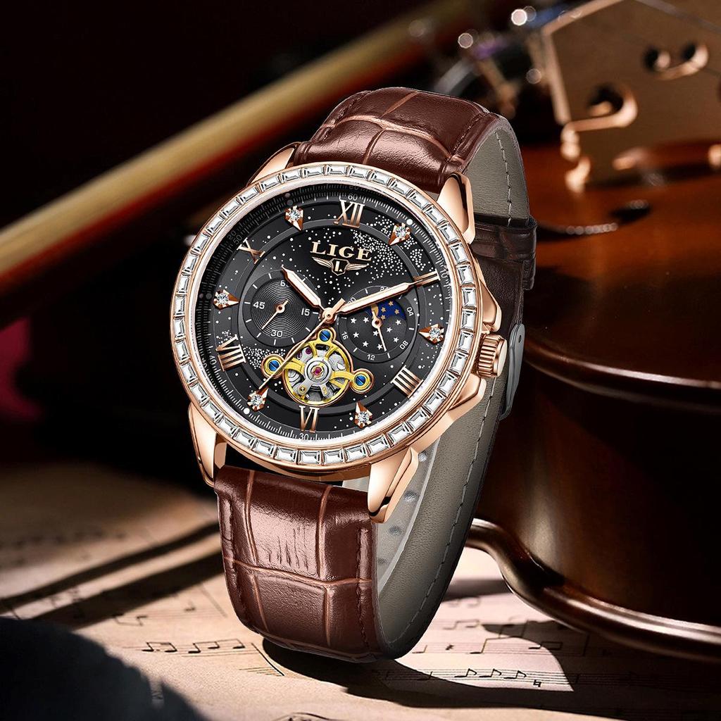 LIGE Men's Tourbillon Waterproof Mechanical Watch with Moon Phase