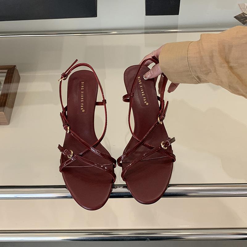 Summer thin belt open-toed women's shoes fashion commuter middle heel one-word buckle sandals simple temperament versatile high heels