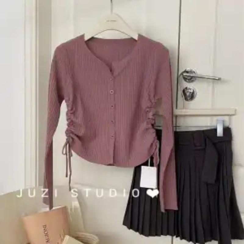 Autumn Women's V-neck Sweater Pure Lust Style Slimming Versatile Cardigan Side Drawstring Long-sleeved Top