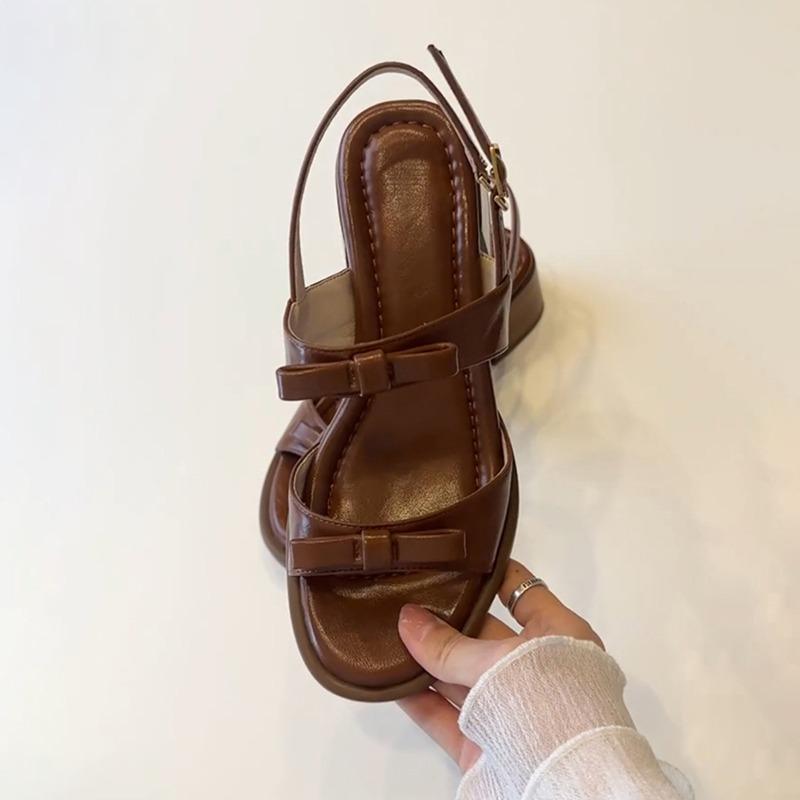 Sheepskin Version, Genuine Leather with Sandals, Women's Medium Heel, Not Tired Feet, with Bow Sandals.