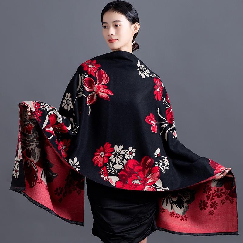 Women S Warm Faux Cashmere Flower Jacquard Scarf Versatile Shawl