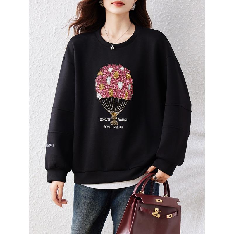 

DIMANAF 2025 Новые женские худи больших размеров на весну, с длинным рукавом, свободного кроя, базовые топы, футболка, новый пуловер 3XL чёрный