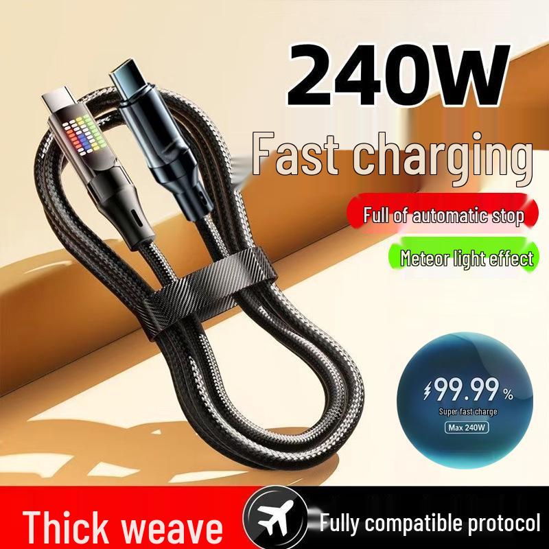 240W Dual Type-C Fast Charging Cable with 7-Color Light for Apple and Huawei 6A PD Flash Charging