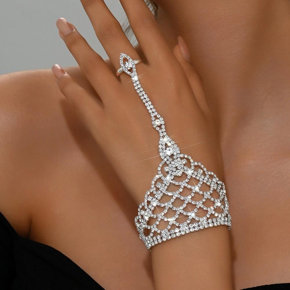 Versatile Rhinestone Hand Chain Fashion Finger Chain Ring Bracelet for Weddings