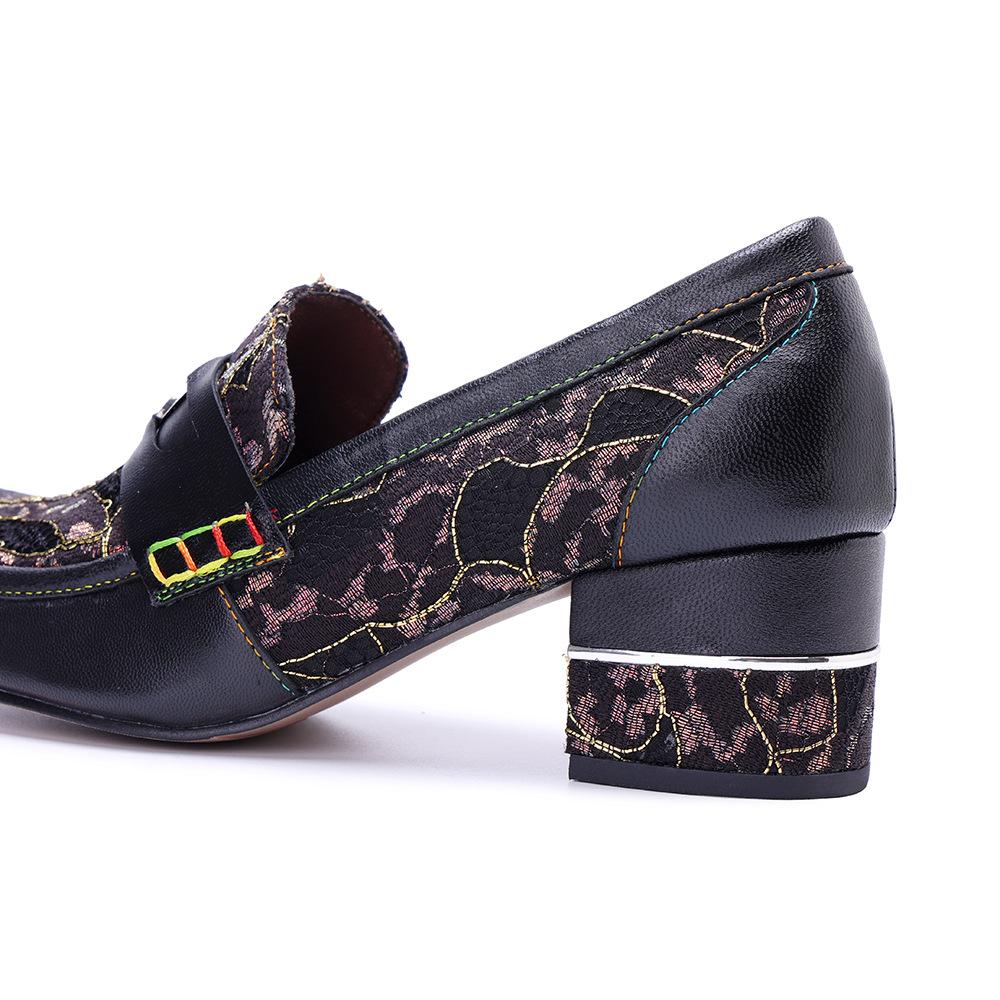 Johnature Ručně vyráběné lodičky z pravé kůže, retro prošívání, pohodlné mokasíny, silný podpatek, dámské boty