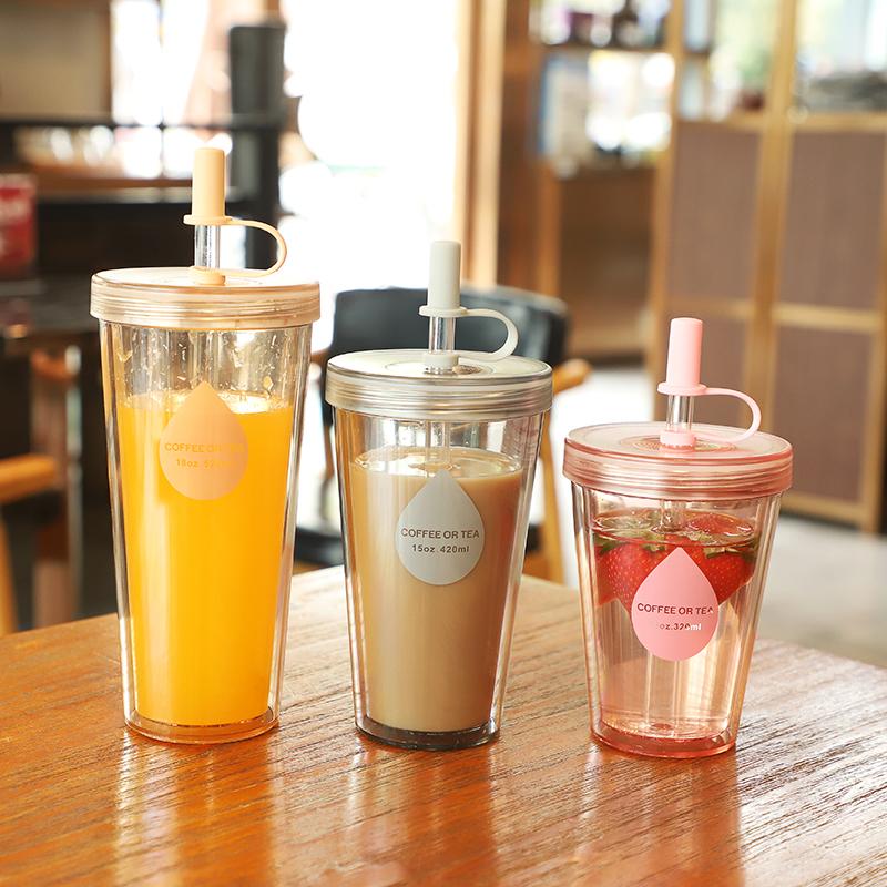Double Layer Straw Milk Tea Cup With Lid, Portable Water Cup, Fruit Tea Cup, Small Creative Plastic Cup For Summer, Water Bottle