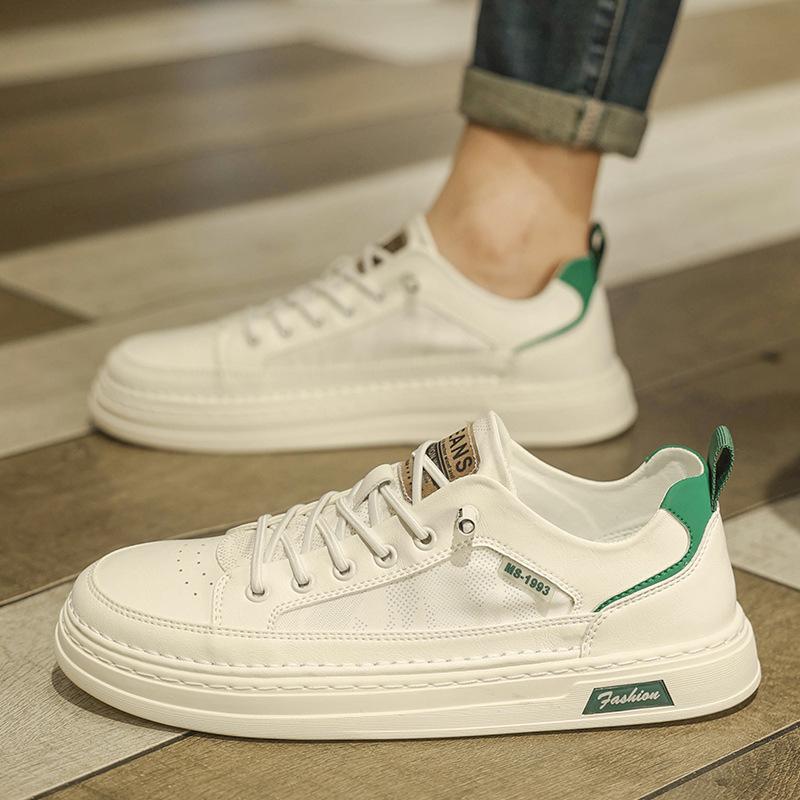 Breathable Men's Flat Bottom Casual Shoes Summer New Style Sporty Trendy White Synthetic Leather Sneakers Rubber Outsole
