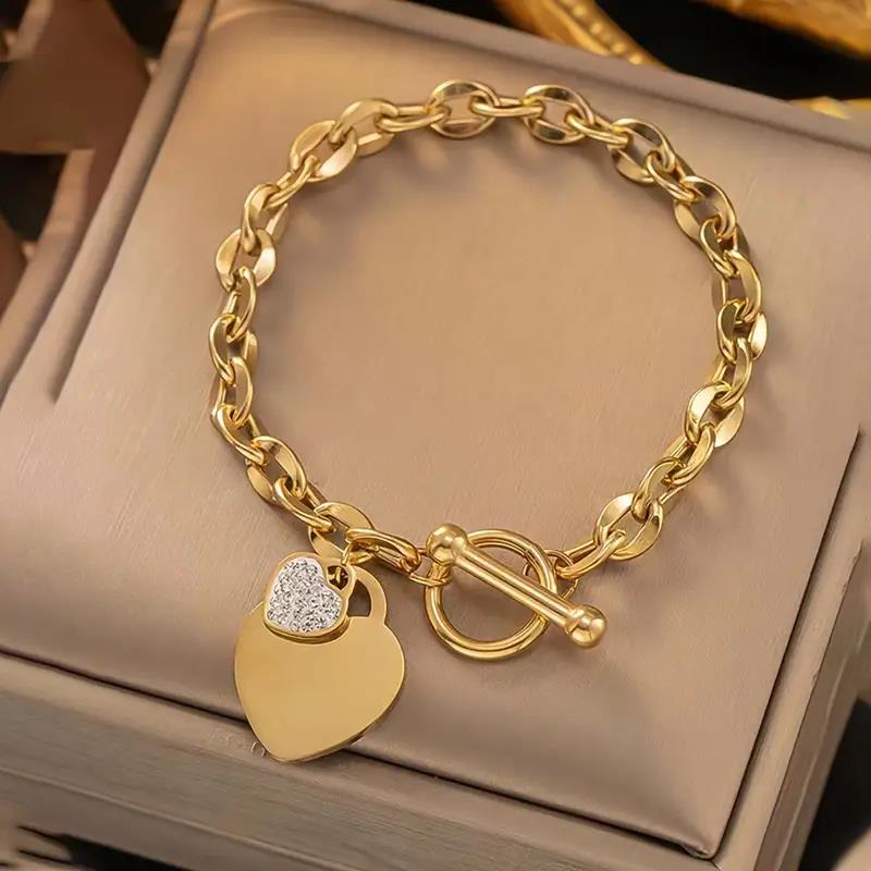 316L Stainless Steel Love Heart Pendant Bracelet for Women Men Simple OT Clasp Cubic Zirconia Chain Bracelets Party Jewelry Gift