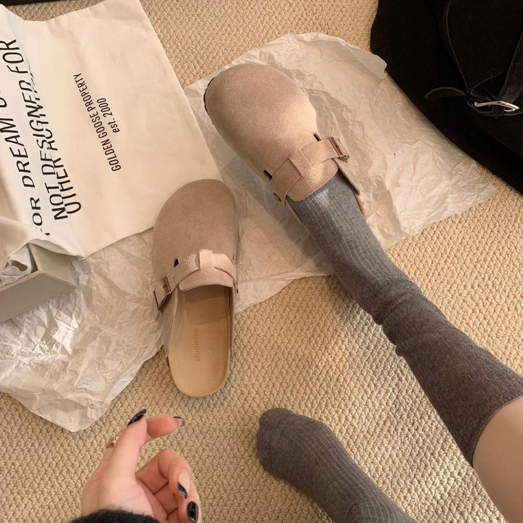 Cowhide version~ Grape mother men and women with the same leather cork Boken lazy people wear h sandals couple half drag Birken shoes