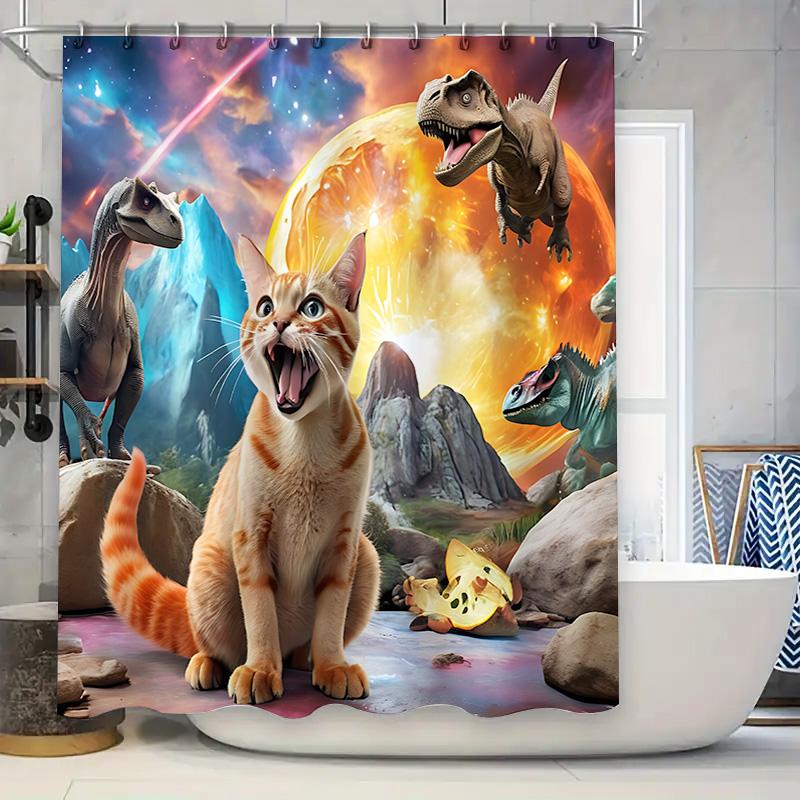 

Unique Cat And Dinosaur Shower Curtain With Stunning Cosmic Background Perfect For Adding Fantasy To Your Bathroom Decor 90X180cm(35x70in)
