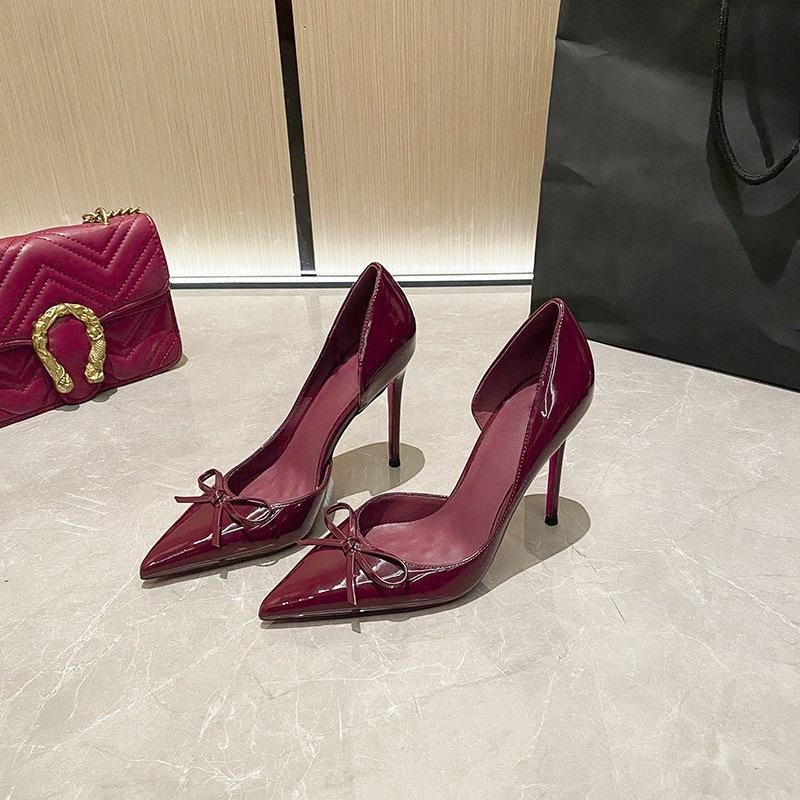 Bok pusta naga kokarda Francuskie wysokie obcasy kobiecość lakierowana skóra szpiczasty szpilka pojedyncze buty damskie