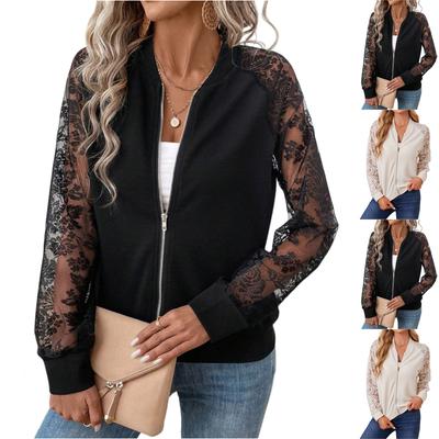 Chaqueta/abrigo de mujer de manga larga con cuello de béisbol y ribete de encaje