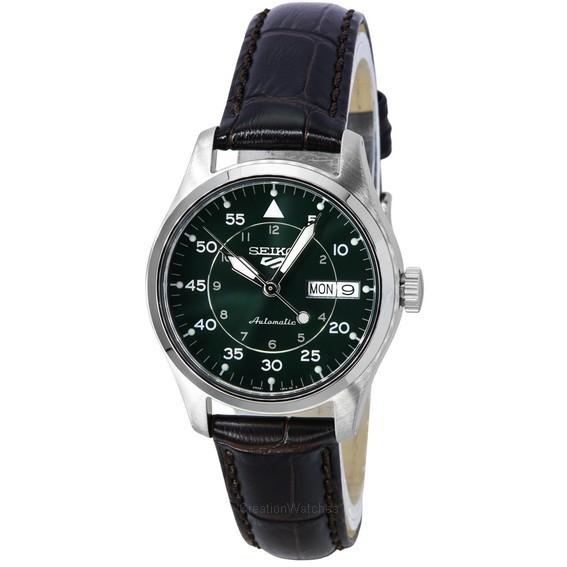 Восстановленные мужские часы Seiko 5 Sports GMT Kelly Green Flieger Suit Style с кожаным ремешком, автоматические, SRPJ89K1, 100M зелёный