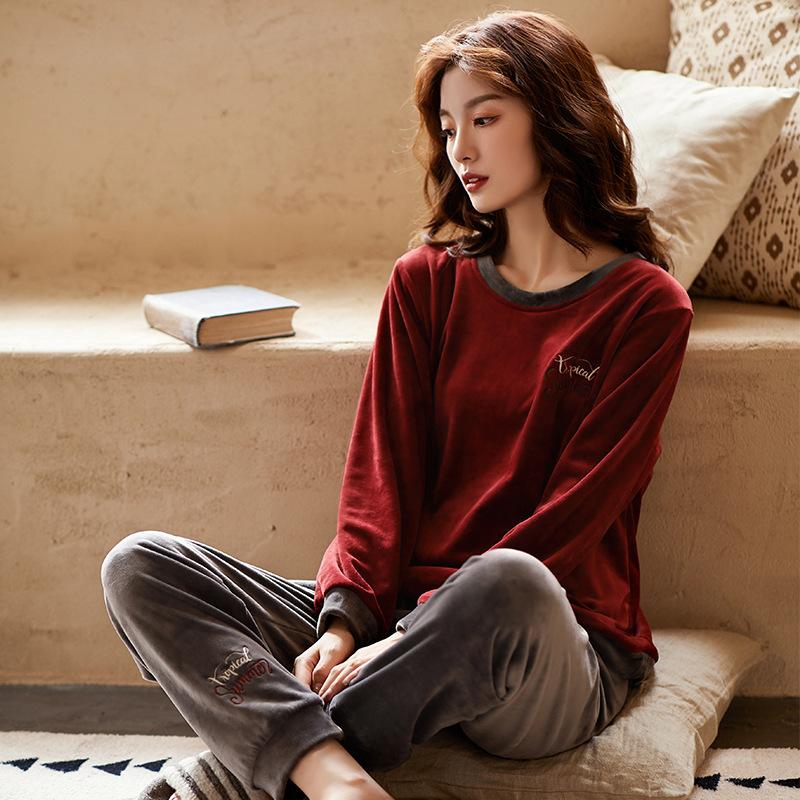 Island Fleece Pajamas Women'S Autumn And Winter Thin Fleece Coral Fleece Cute Pullover Loungewear Set