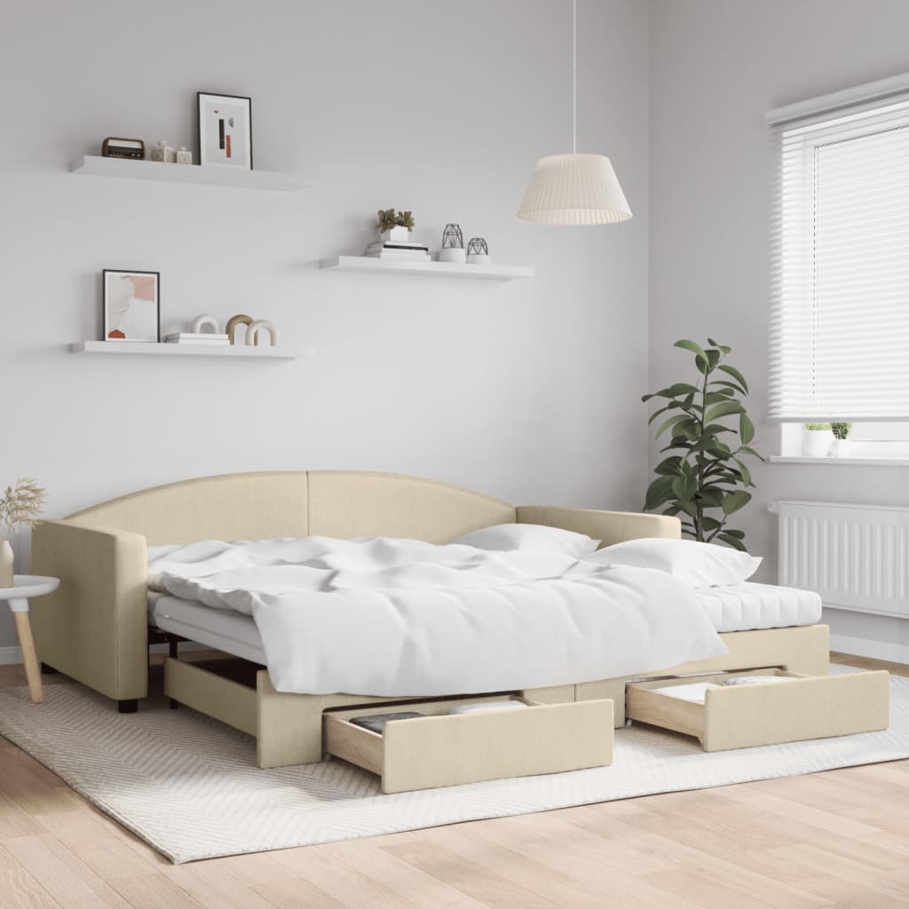 Extendable Daybed with Drawers Cream 100x200 Cm Fabric