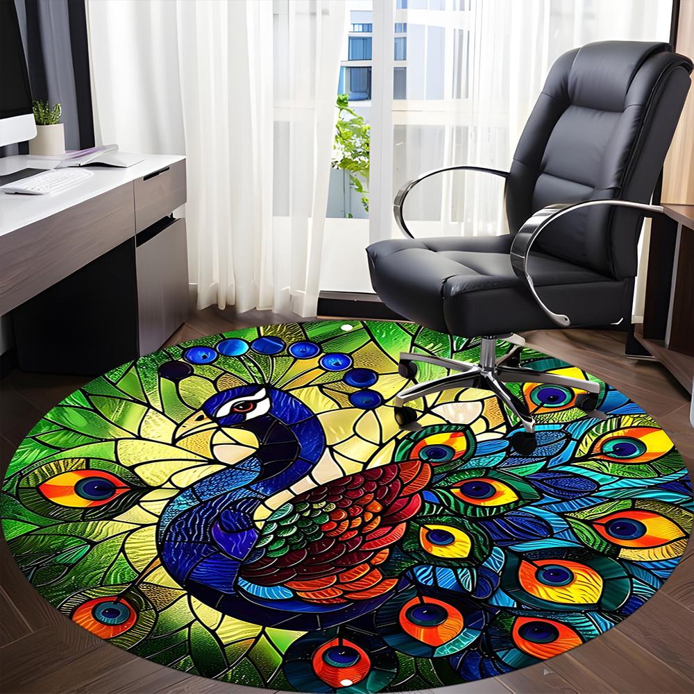 1pc Peacock StainedGlass Office Round Area Rug, Under Office Chairs Bedroom Living Room Home Decor, Room Deco