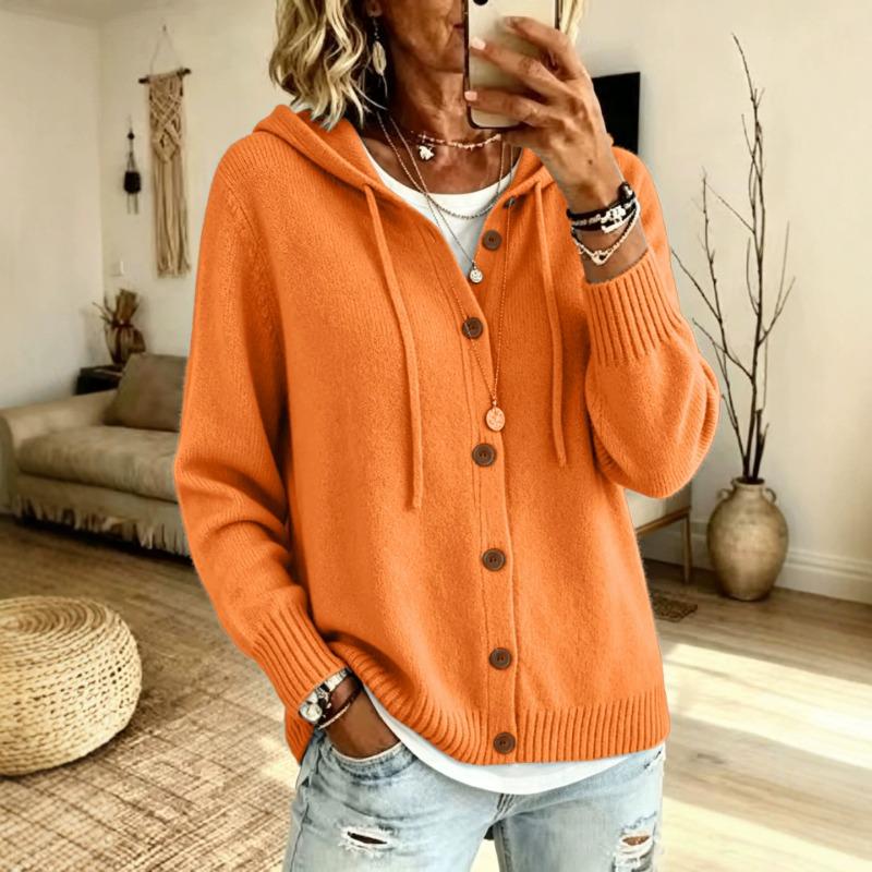 Women Loose Thick Knit Hooded Drawstring Button Cardigan Sweater
