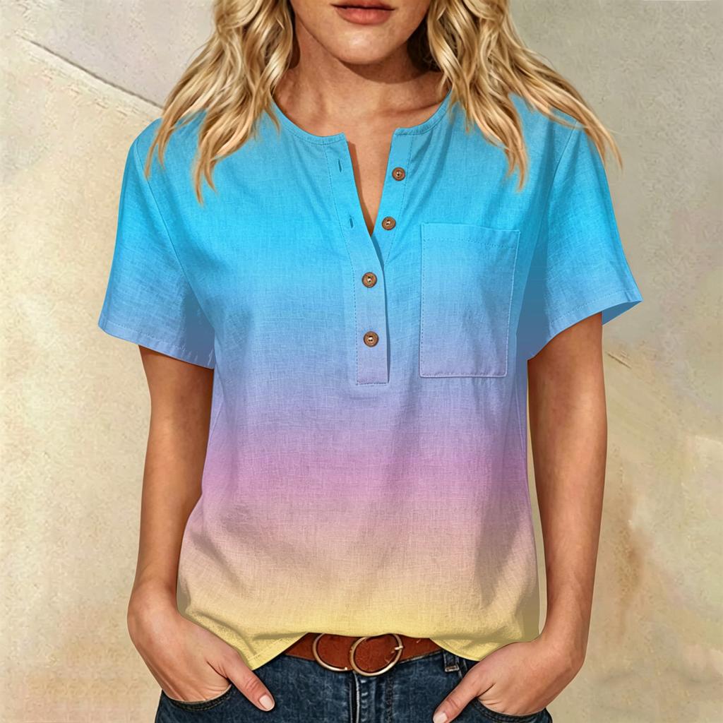 Women’s Fashion Printed Henley Button Neck Short Sleeve Cotton Linen Shirt with Chest Pocket Gradient Design Loose Fit Top