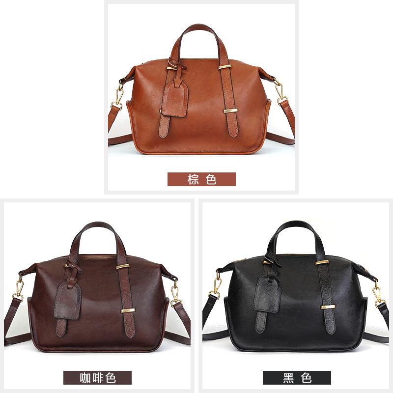 2026 Retro Solid Color Genuine Leather Handbag, Large Capacity, Design Boston Bag, Crossbody Women Designer Luxury Bag