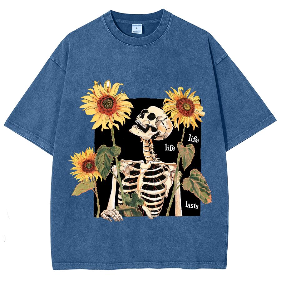 Women's T-Shirt for Summer Y2K Women's Clothing Sales Oversize Skull Sunflower Print Washed Loose Top Harajuku Style