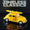 Vintage 1:32 Yellow Beetle Diecast Car With Surfboard Retro Pull-Back Model Toy Open Doors Collectible For Kids  Car Fans