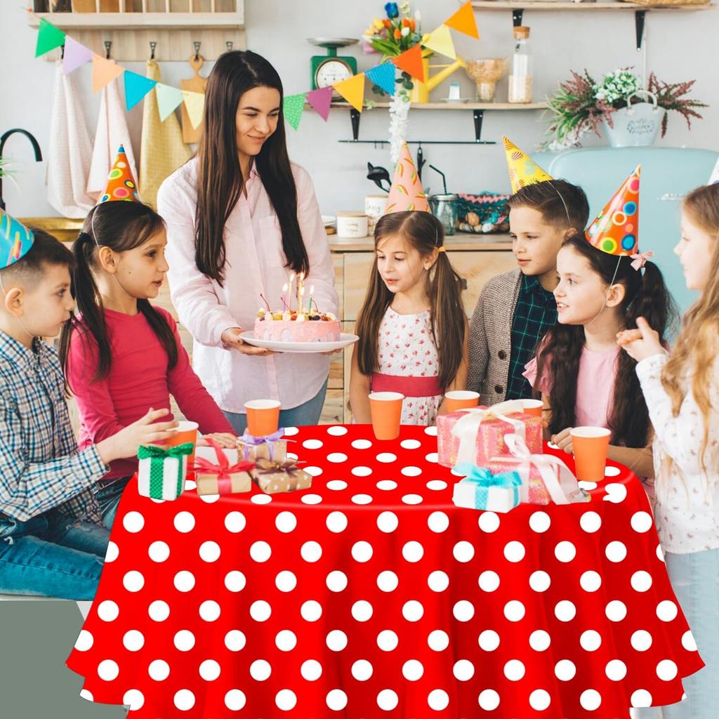3 Pack Red and White Polka Dots Tablecloth Red Round Table Cover with White Polka Dot Round Plastic Table Cloth 84 in Round for Kitchen Dining