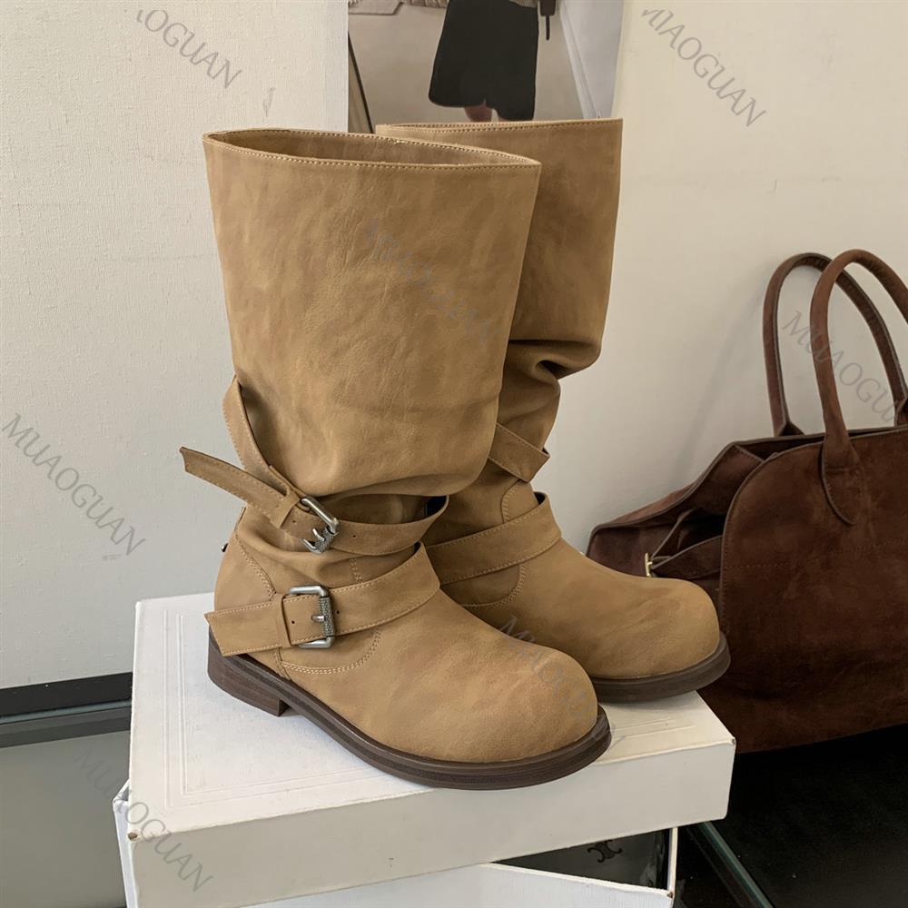 Women Western Thigh High Boots Chunky Heel Round Toe Leather Slip On Knee High Knight Boots With Belt Buckle For Spring Autumn